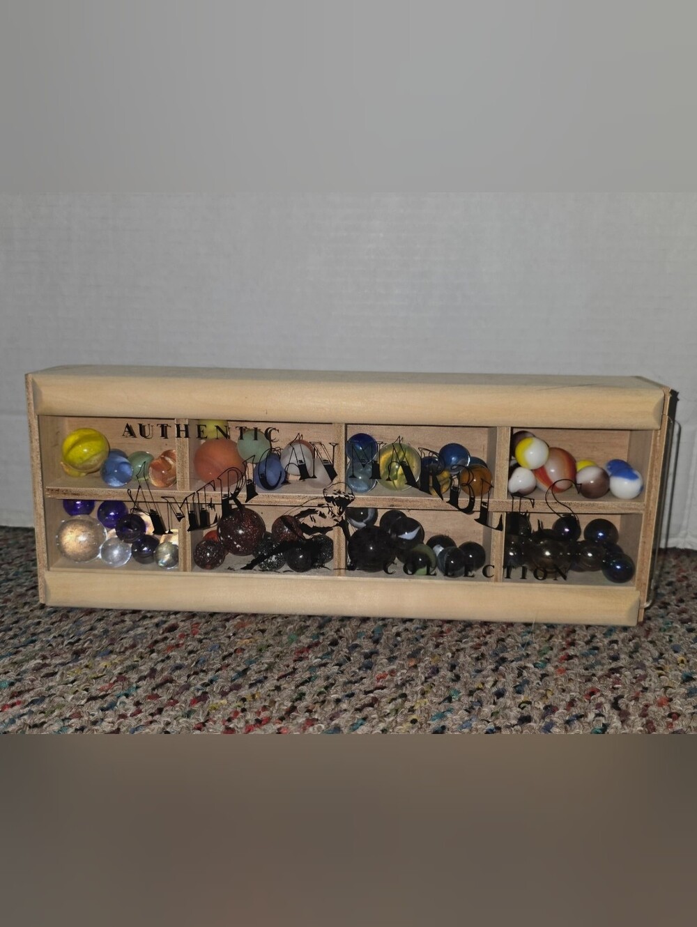 Authentic American Marbles Wooden Display Box Assorted Glass Marbles VG